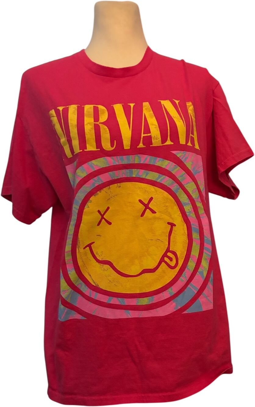 Nirvana Acid Wash Smiley Face Graphic Short Sleeve Band Tee, Pink, Size Large